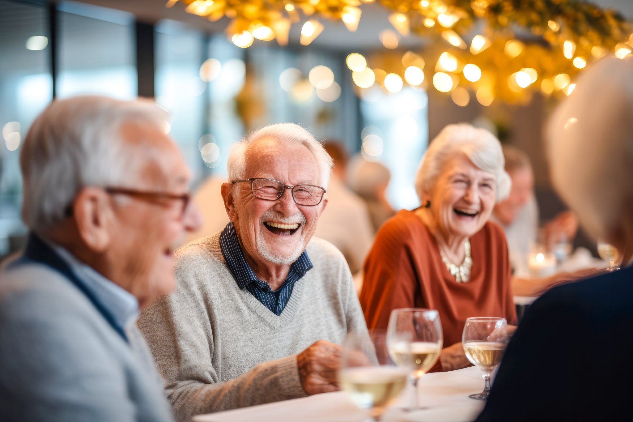 Group of joyful seniors laughing together around a dinner table with wine glasses.